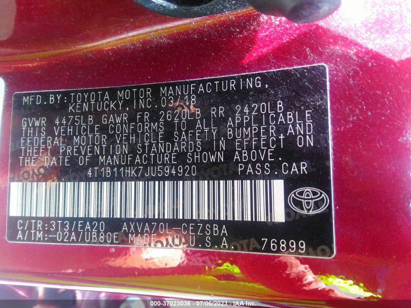 2018 TOYOTA CAMRY L/LE/XLE/SE/XSE - 4T1B11HK7JU594920