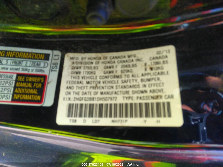 2013 HONDA CIVIC CPE EX - 2HGFG3B81DH507972