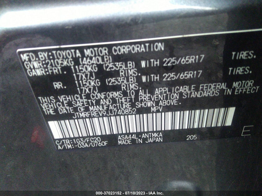 VIN JTMRFREV9JJ740852 2018 TOYOTA RAV4 ADVENTURE/XLE