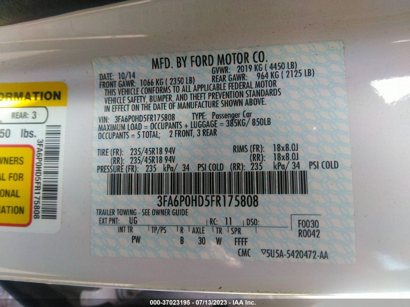 2015 FORD FUSION SE - 3FA6P0HD5FR175808