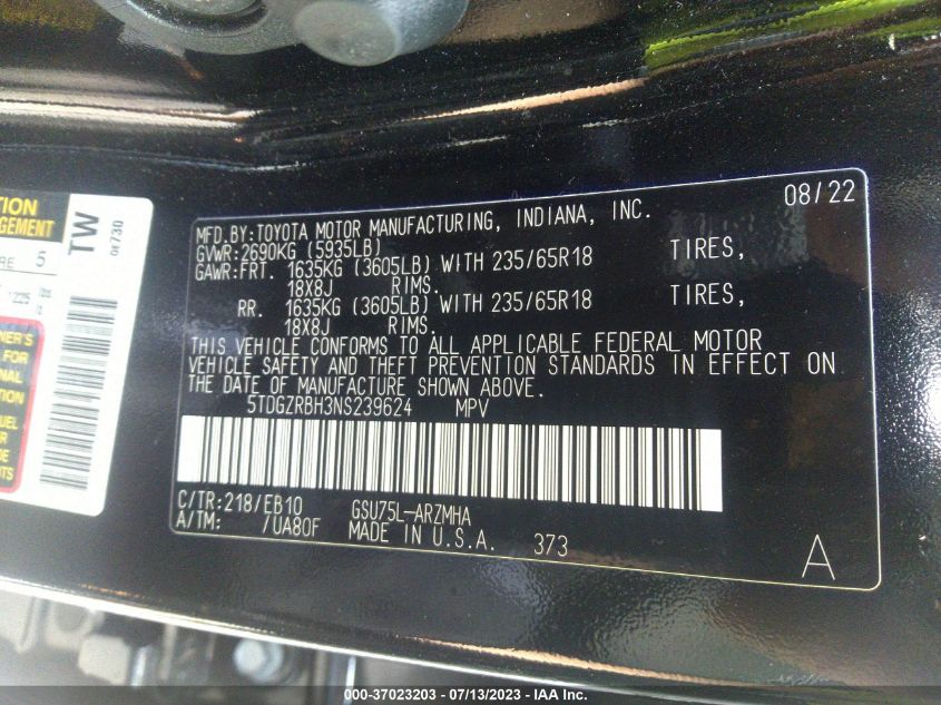 2022 TOYOTA HIGHLANDER XLE - 5TDGZRBH3NS239624
