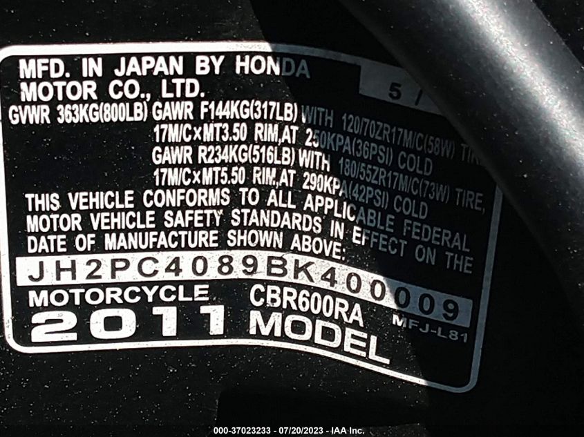 2011 HONDA CBR600 RR-ABS - JH2PC4089BK400009