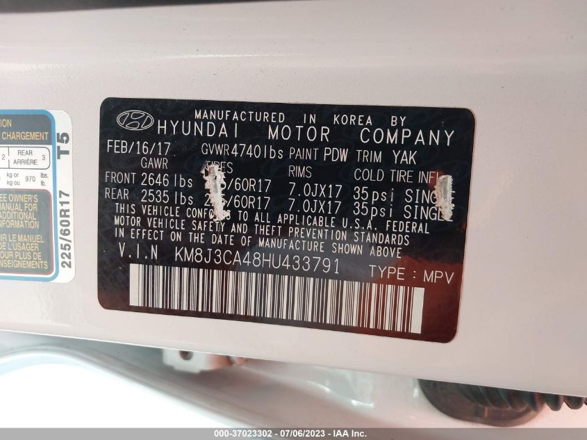 2017 HYUNDAI TUCSON SE PLUS - KM8J3CA48HU433791