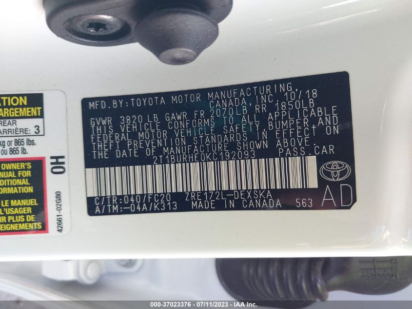 2019 TOYOTA COROLLA L/LE/SE/XLE/XSE - 2T1BURHE0KC192093