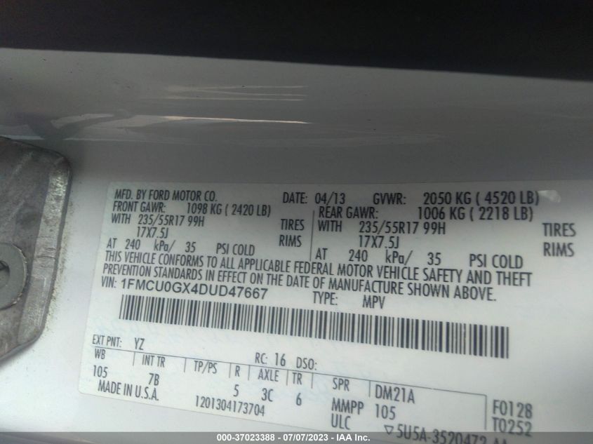 2013 FORD ESCAPE SE - 1FMCU0GXDDUD47667