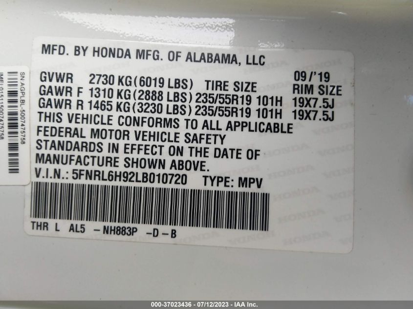 2020 HONDA ODYSSEY ELITE - 5FNRL6H92LB010720