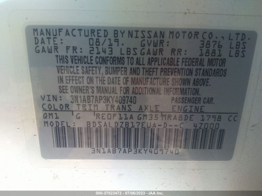 2019 NISSAN SENTRA S/SV/SR/SL - 3N1AB7AP3KY409740