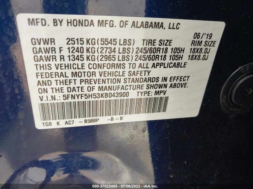 2019 HONDA PILOT EX-L - 5FNYF5H53KB043900