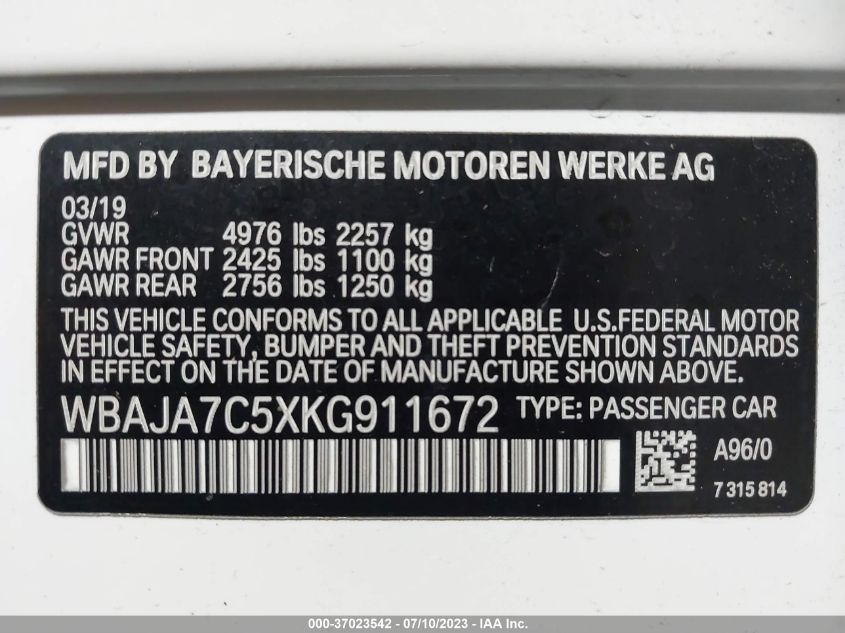 2019 BMW 530I XDRIVE WBAJA7C5XKG911672