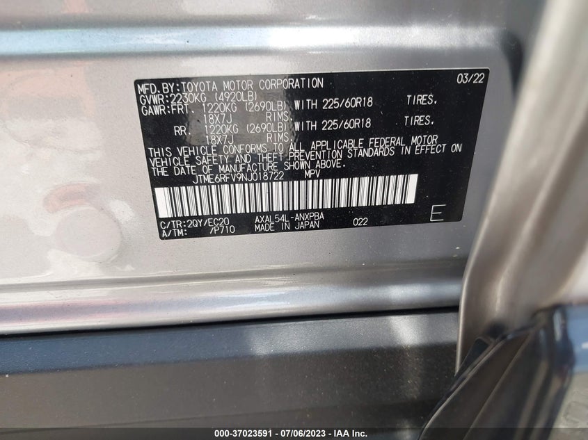 VIN JTME6RFV9NJ018722 2022 TOYOTA RAV4 HYBRID XSE