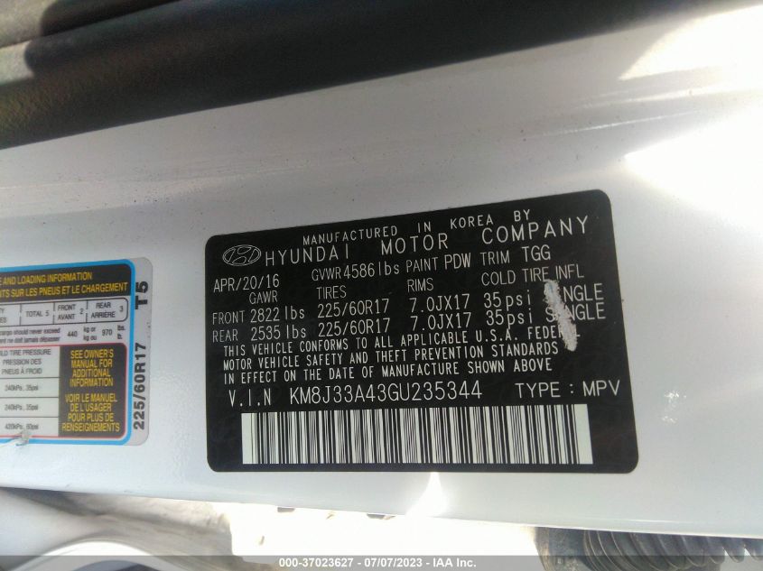 2016 HYUNDAI TUCSON LIMITED/SPORT AND ECO/SE - KM8J33A43GU235344