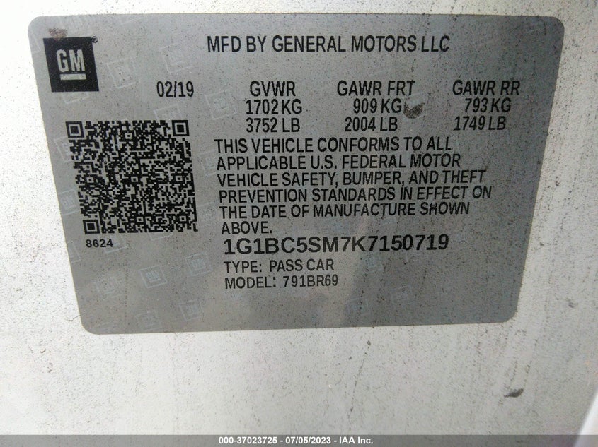 VIN 1G1BC5SM7K7150719 2019 CHEVROLET CRUZE LS
