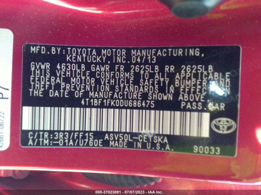 2013 TOYOTA CAMRY L/LE/SE/XLE - 4T1BF1FK0DU686475