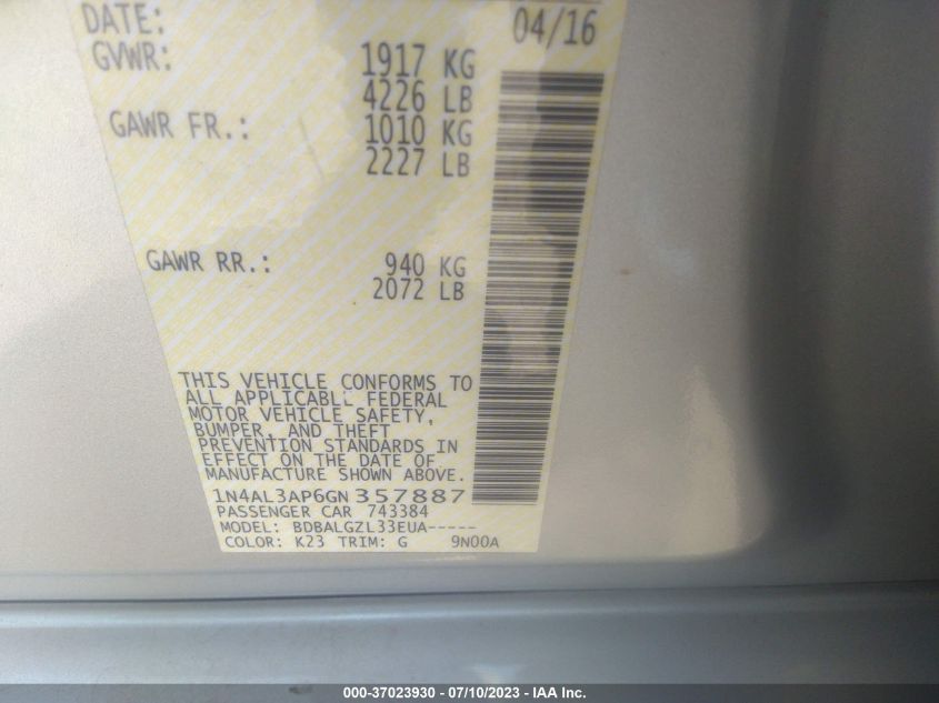 2016 NISSAN ALTIMA 2.5 S - 1N4AL3AP6GN357887