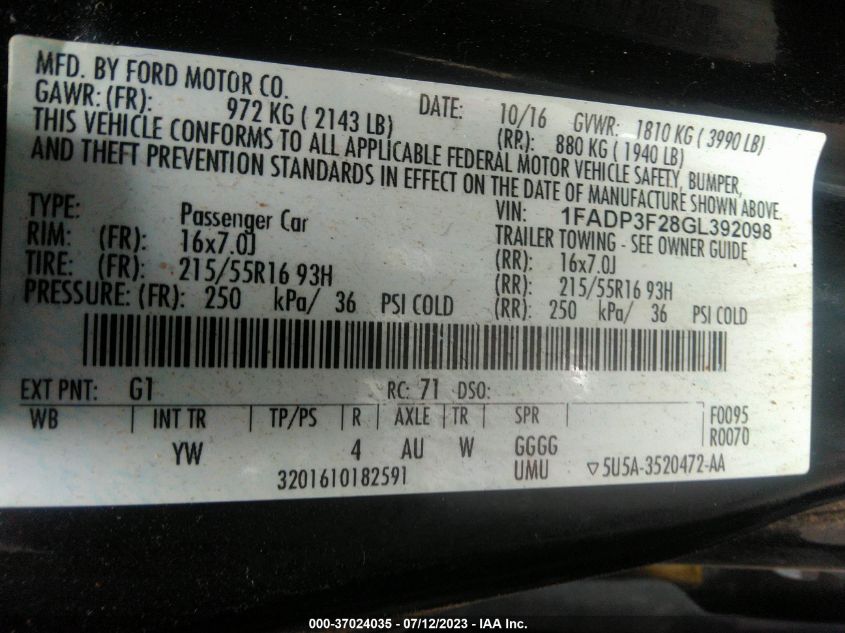 2016 FORD FOCUS SE - 1FADP3F28GL392098