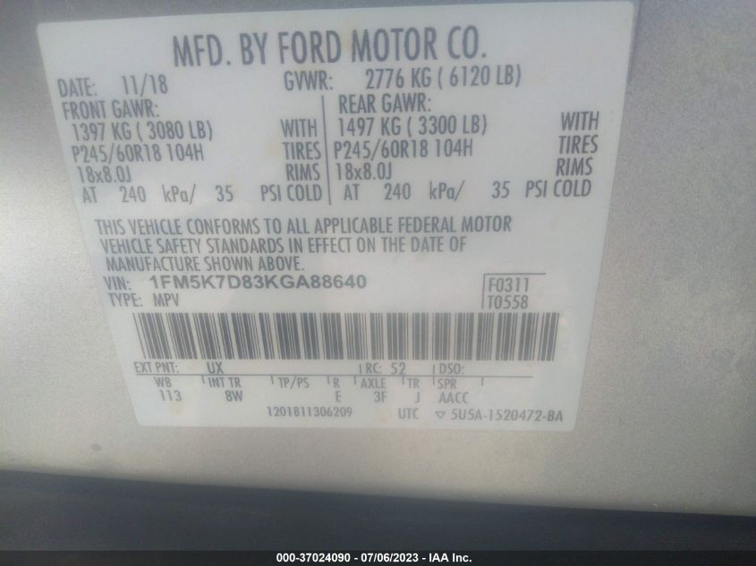 2019 FORD EXPLORER XLT - 1FM5K7D83KGA88640