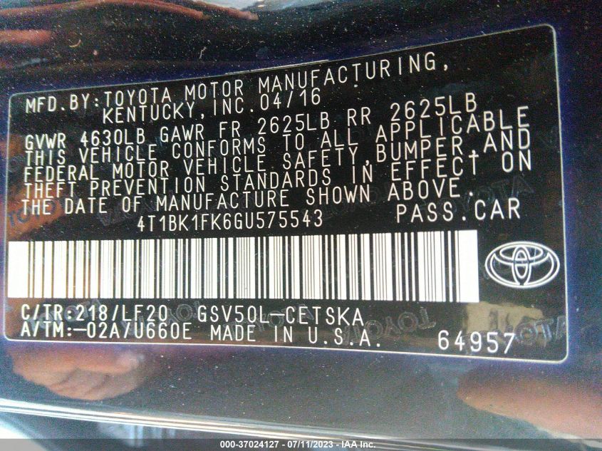 2016 TOYOTA CAMRY XSE/XLE - 4T1BK1FK6GU575543