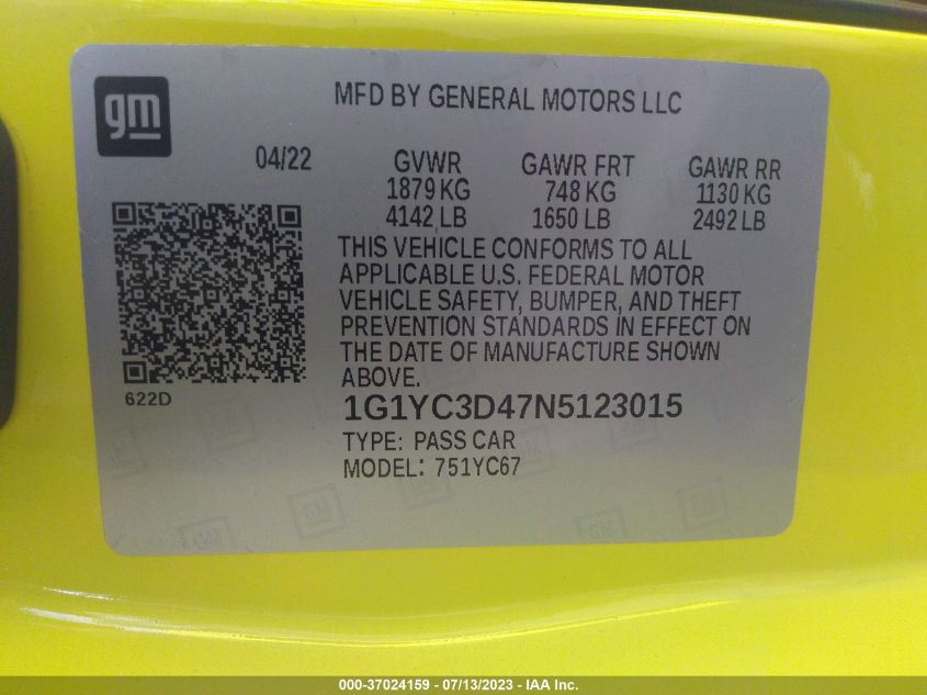 2022 CHEVROLET CORVETTE STINGRAY RWD  3LT - 1G1YC3D47N5123015