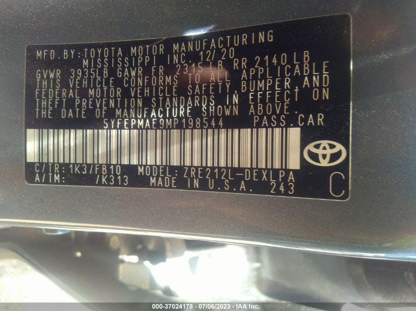 2021 TOYOTA COROLLA LE - 5YFEPMAE9MP198544