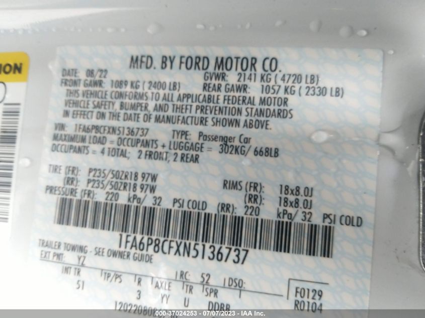 2022 FORD MUSTANG GT - 1FA6P8CFXN5136737