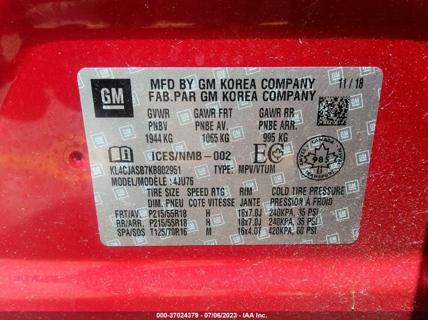 2019 BUICK ENCORE PREFERRED - KL4CJASB7KB802951