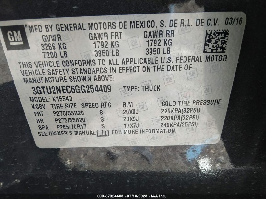 2016 GMC SIERRA 1500 SLT - 3GTU2NEC6GG254409