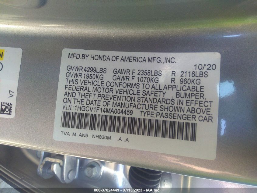 2021 HONDA ACCORD SEDAN LX - 1HGCV1F14MA004459