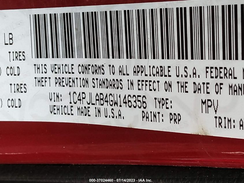 2016 JEEP CHEROKEE SPORT - 1C4PJLAB4GW146356
