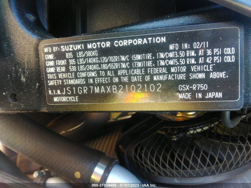 2011 SUZUKI GSX750 JS1GR7MAXB2102102