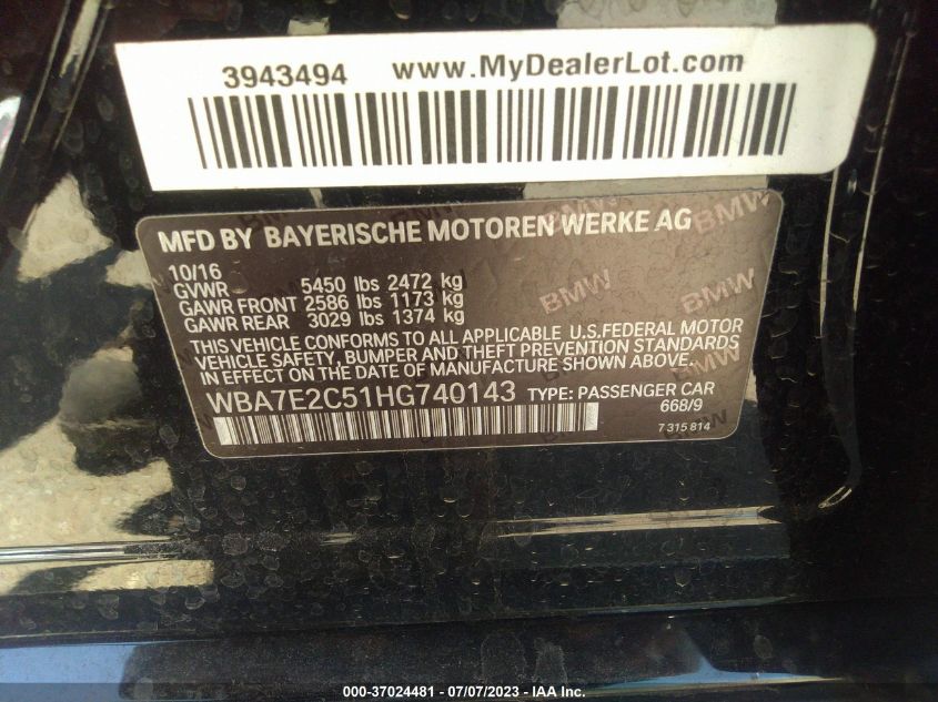 2017 BMW 7 SERIES 740I - WBA7E2C51HG740143