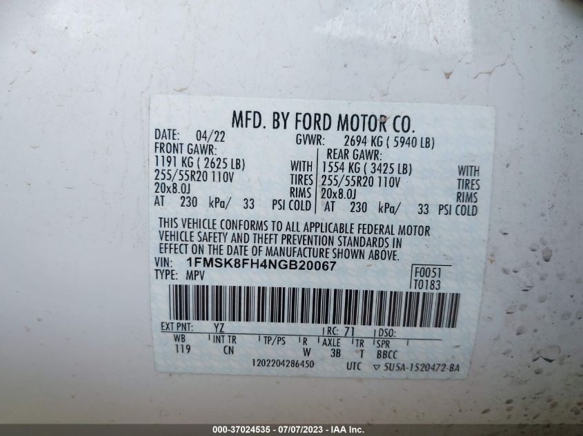 2022 FORD EXPLORER LIMITED - 1FMSK8FH4NGB20067