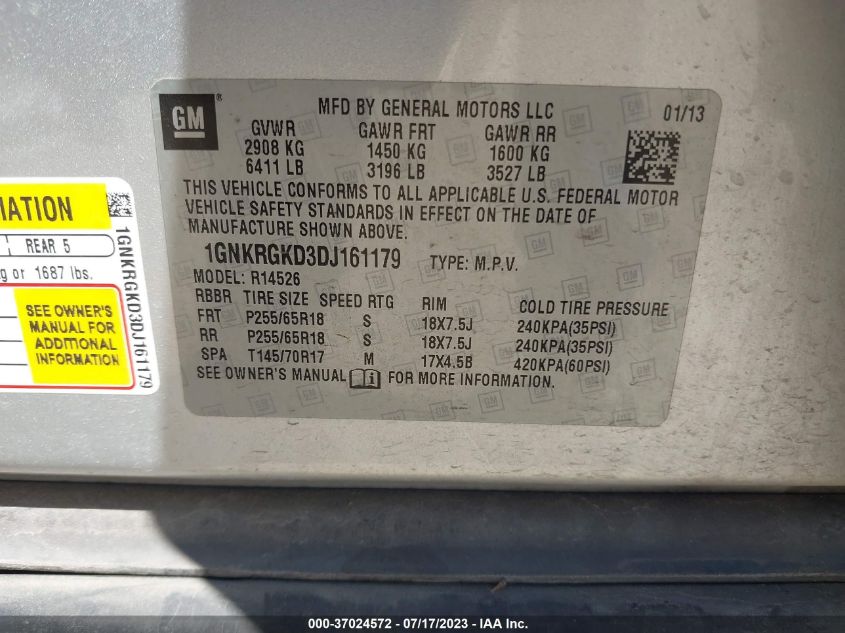 2013 CHEVROLET TRAVERSE LT - 1GNKRGKD3DJ161179