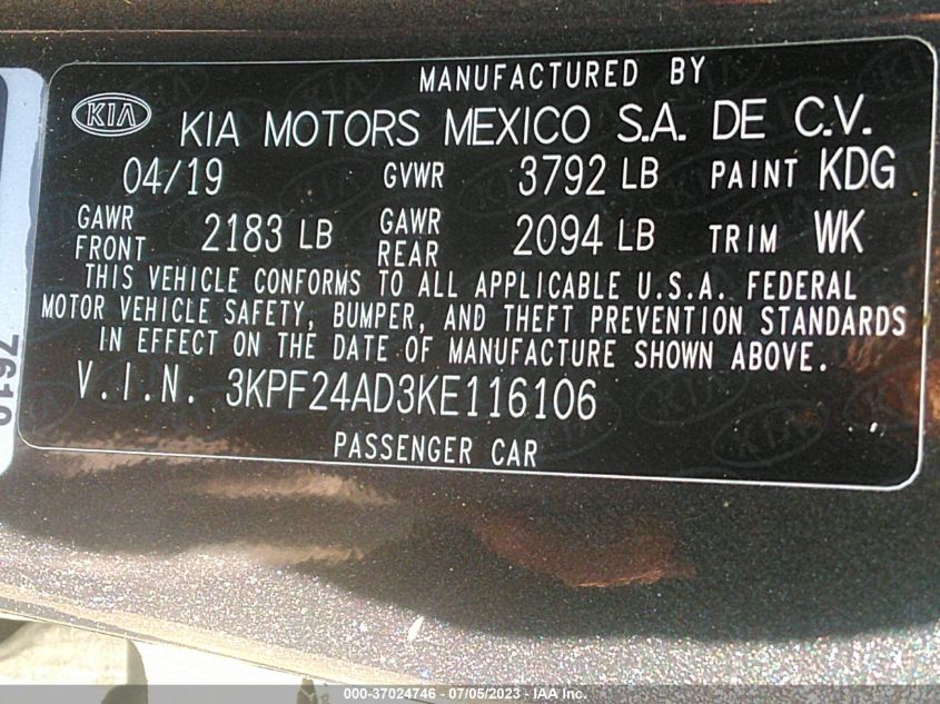 2019 KIA FORTE LXS - 3KPF24AD3KE116106