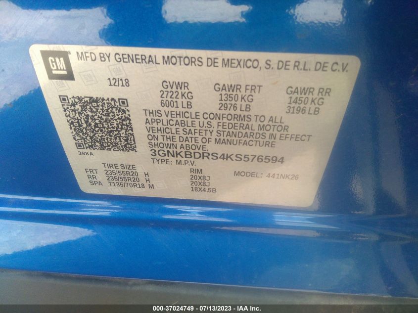 2019 CHEVROLET BLAZER - 3GNKBDRS4KS576594