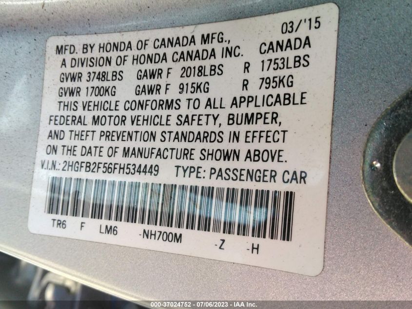 2015 HONDA CIVIC SEDAN LX - 2HGFB2F56FH534449
