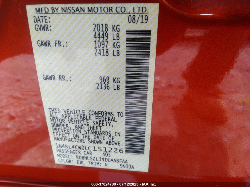 2020 NISSAN ALTIMA 2.5 SR - 1N4BL4CW0LC151226
