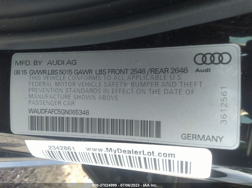 2016 AUDI A6 2.0T PREMIUM PLUS - WAUDFAFC5GN065346