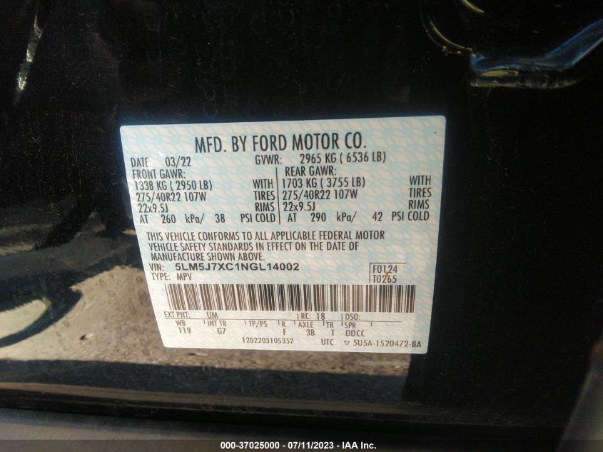 2022 LINCOLN AVIATOR RESERVE - 5LM5J7XC1NGL14002