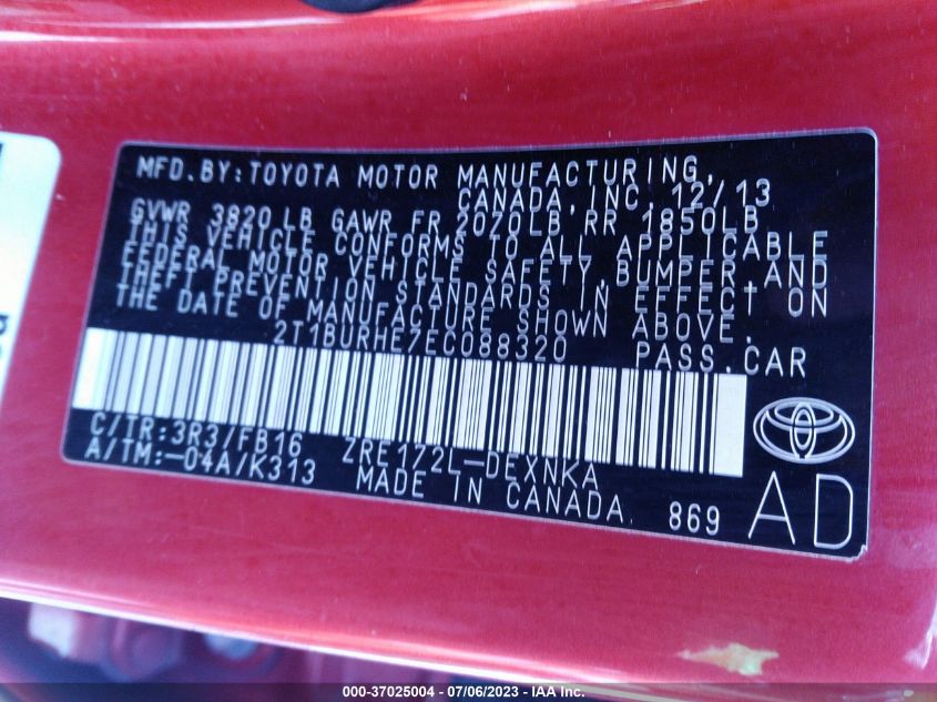2014 TOYOTA COROLLA L/LE/S/S PLUS/LE PLUS - 2T1BURHE7EC088320
