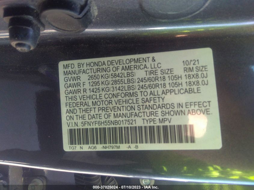 2022 HONDA PILOT EX-L - 5FNYF6H55NB017521