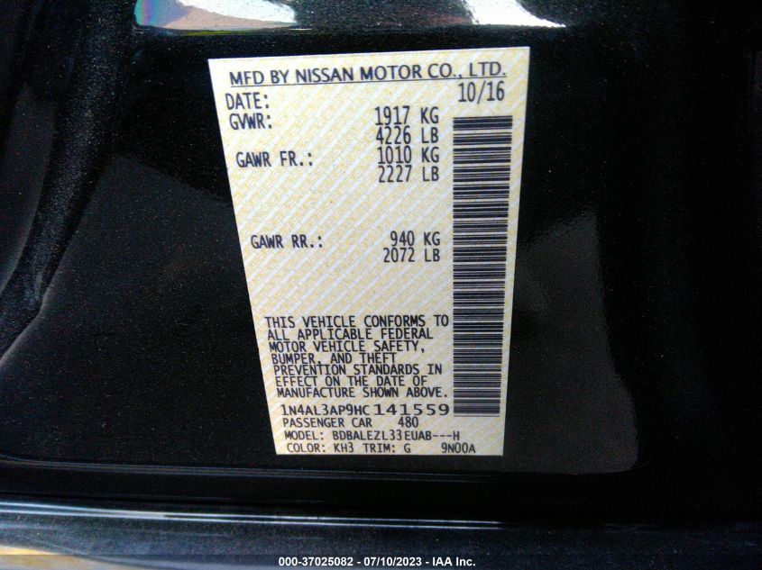 2017 NISSAN ALTIMA 2.5 S - 1N4AL3AP9HC141559