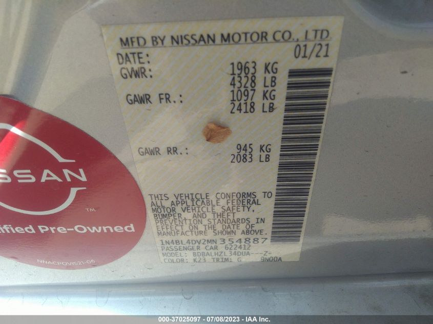 2021 NISSAN ALTIMA 2.5 SV - 1N4BL4DV2MN354887