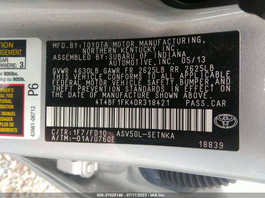 2013 TOYOTA CAMRY L/LE/SE/XLE - 4T4BF1FK4DR318421