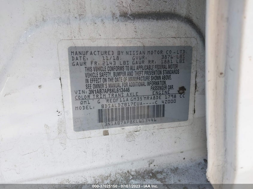 VIN 3N1AB7AP8KL613446 2019 NISSAN SENTRA S/SV/SR/SL