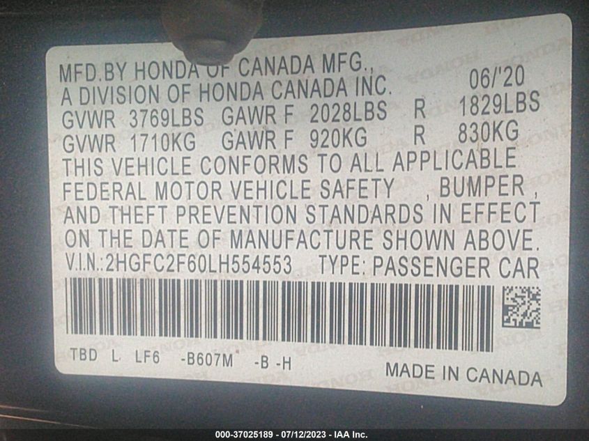 2020 HONDA CIVIC SEDAN LX - 2HGFC2F60LH554553