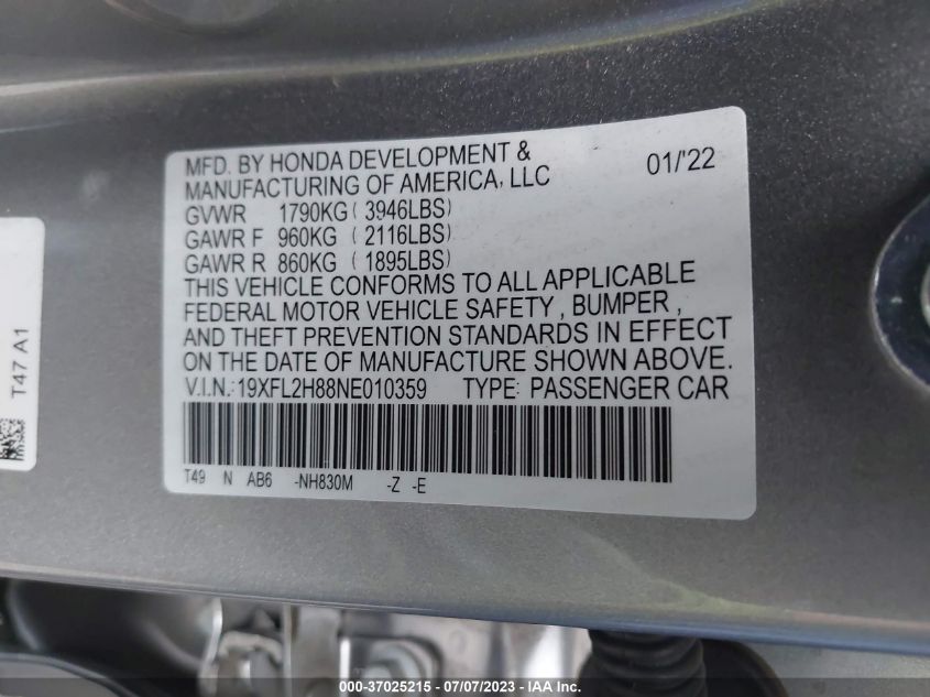 2022 HONDA CIVIC HATCHBACK SPORT - 19XFL2H88NE010359