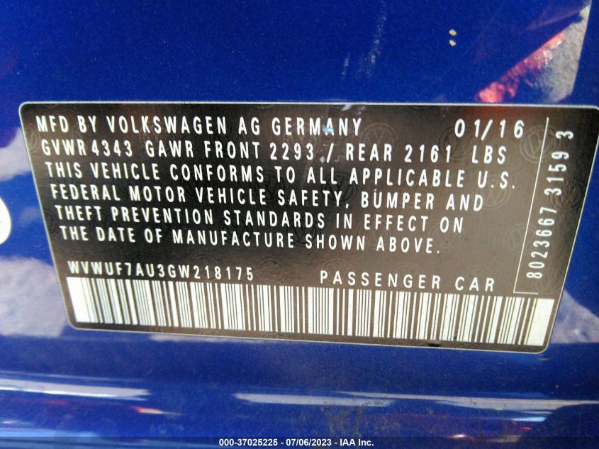 2016 VOLKSWAGEN GOLF R - WVWUF7AU3GW218175