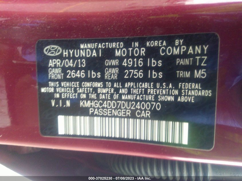 2013 HYUNDAI GENESIS 3.8L - KMHGC4DD7DU240070