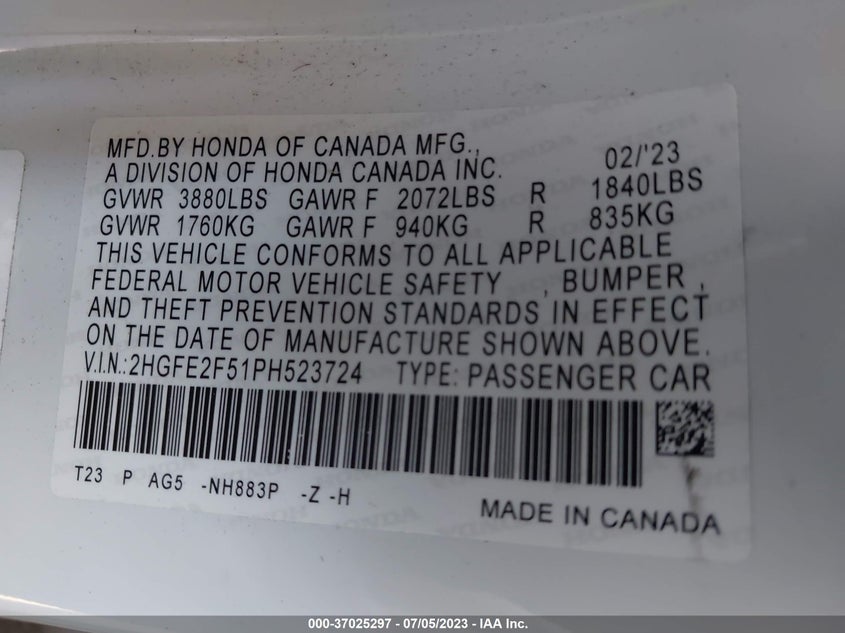 VIN 2HGFE2F51PH523724 2023 HONDA CIVIC SEDAN SPORT