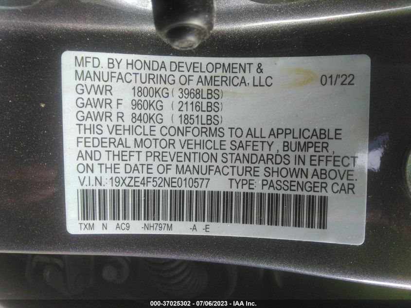2022 HONDA INSIGHT EX 19XZE4F52NE010577